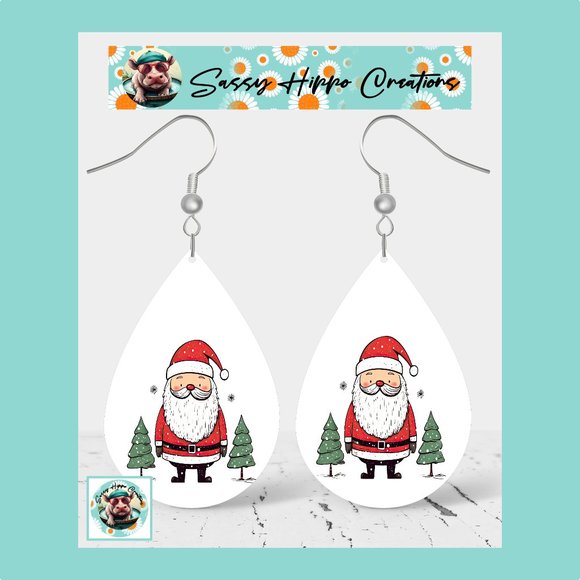 Earrings Adorable Santa Claus Christmas Tree Holiday Hand Sublimated Printed - Picture 1 of 4